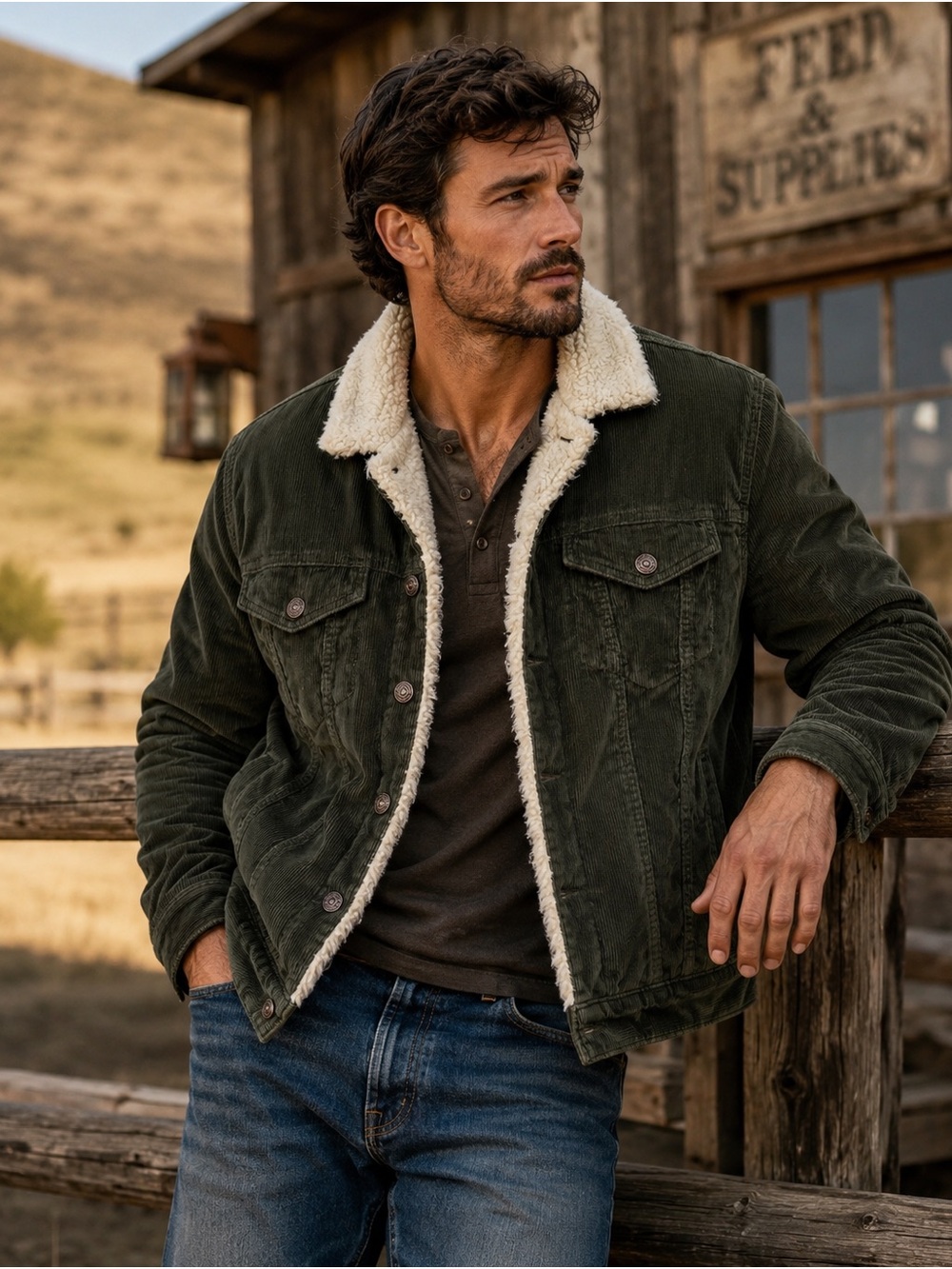 Lucky Brand L Green Corduroy Sherpa Lined Men’s Trucker Jacket Western Y2K